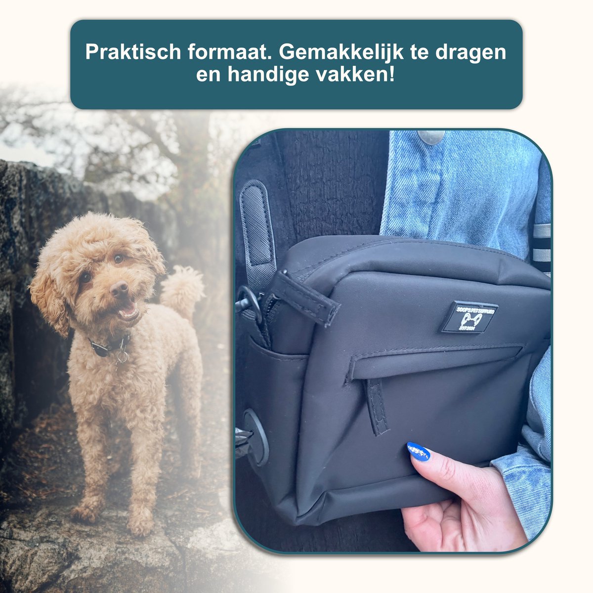 DogMom Bag Mix & Match met Emerald Blue schouderband en uitritsbaar waterflesvak – praktische tas voor hondeneigenaren