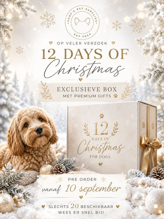 Luxe 12 Days of Christmas kerstbox voor honden van Soof’s Pet Supplies, gevuld met 12 premium cadeaus zoals hondensnacks, hondenspeelgoed en een tuig of Dogmomtas naar keuze.