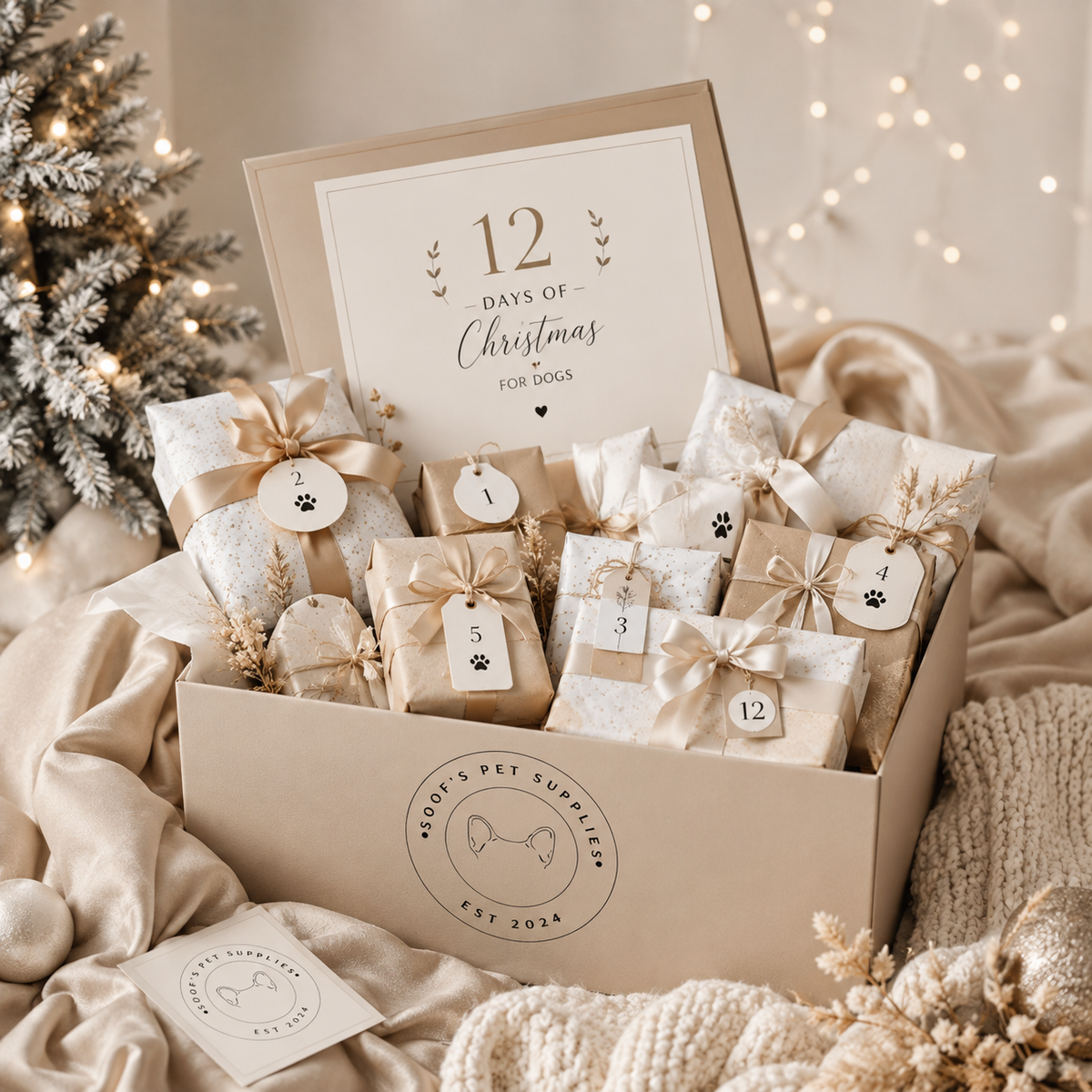 Luxe 12 Days of Christmas kerstbox voor honden van Soof’s Pet Supplies, gevuld met 12 premium cadeaus zoals hondensnacks, hondenspeelgoed en een tuig of Dogmomtas naar keuze.