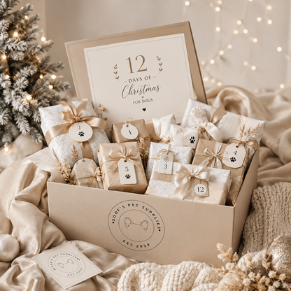 Luxe 12 Days of Christmas kerstbox voor honden van Soof’s Pet Supplies, gevuld met 12 premium cadeaus zoals hondensnacks, hondenspeelgoed en een tuig of Dogmomtas naar keuze.