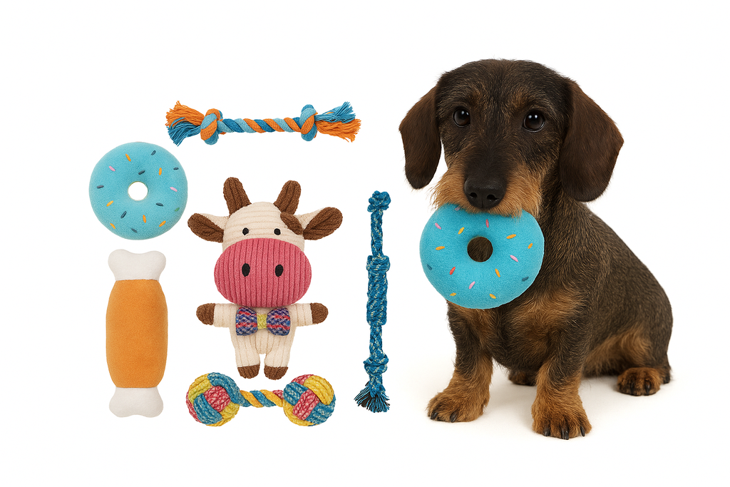 Puppy met kleurrijk hondenspeelgoed uit het Puppy Pakket voor kleine honden