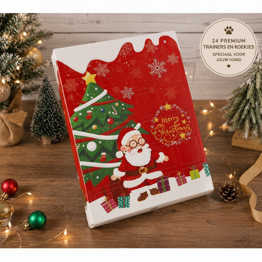 Feestelijke 24-daagse adventskalender voor honden, gevuld met trainers en vers gebakken hondenkoekjes zonder kip. Iedere dag een vakje om samen af te tellen naar Kerstmis.