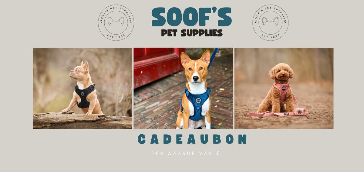 Cadeaubon van Soof's Pet Supplies met stijlvolle honden tuigen en accessoires als cadeau optie