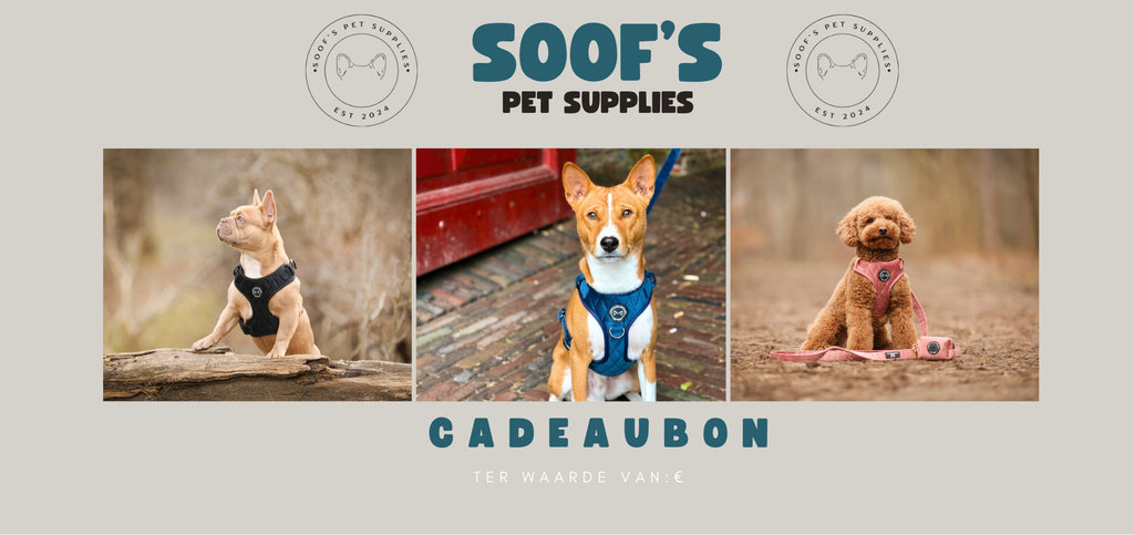 Cadeaubon van Soof's Pet Supplies met stijlvolle honden tuigen en accessoires als cadeau optie