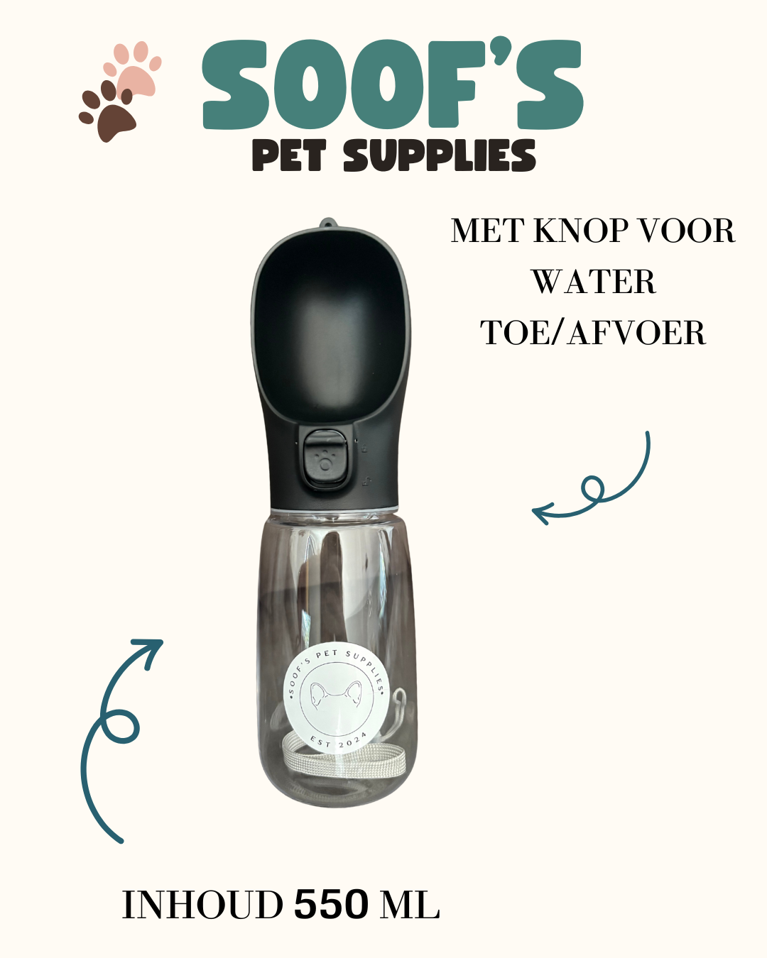 Draagbare honden waterfles van 550 ml met drinkbakje, ideaal voor onderweg