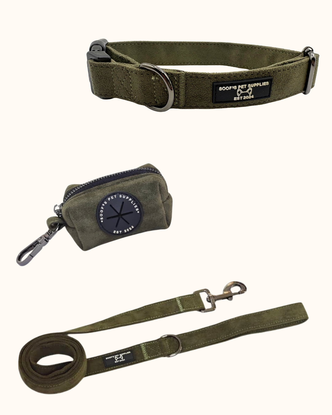 Velvet Set - Moss met Halsband, Riem & Poepzakhouder