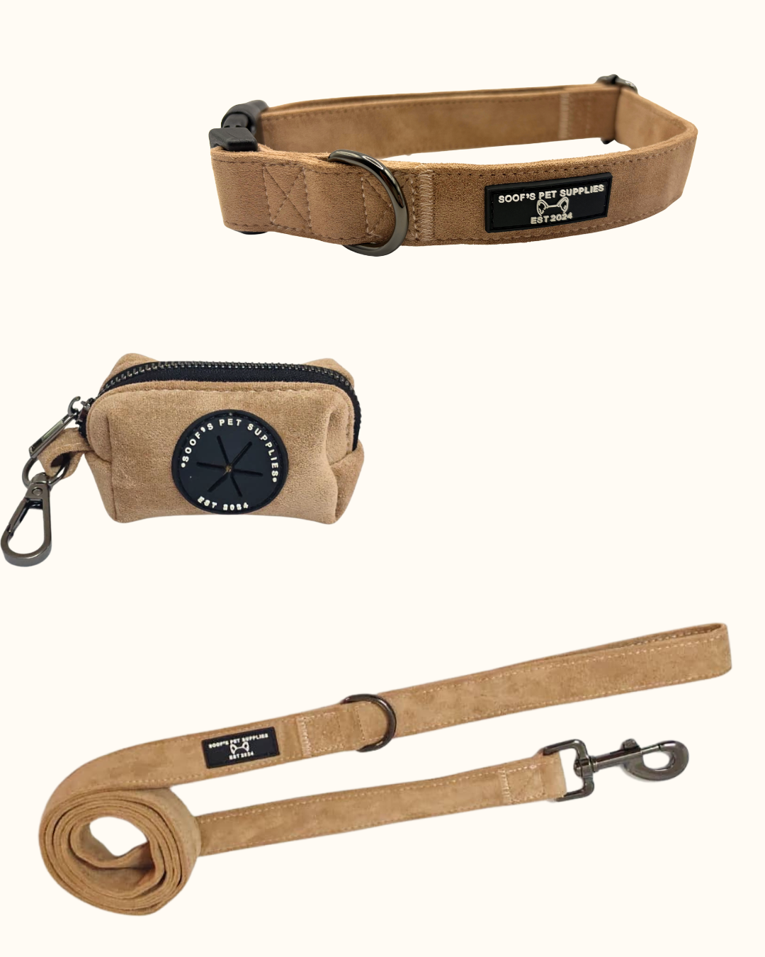 Samt-Set – Sand mit Halsband, Leine & Kotbeutelhalter