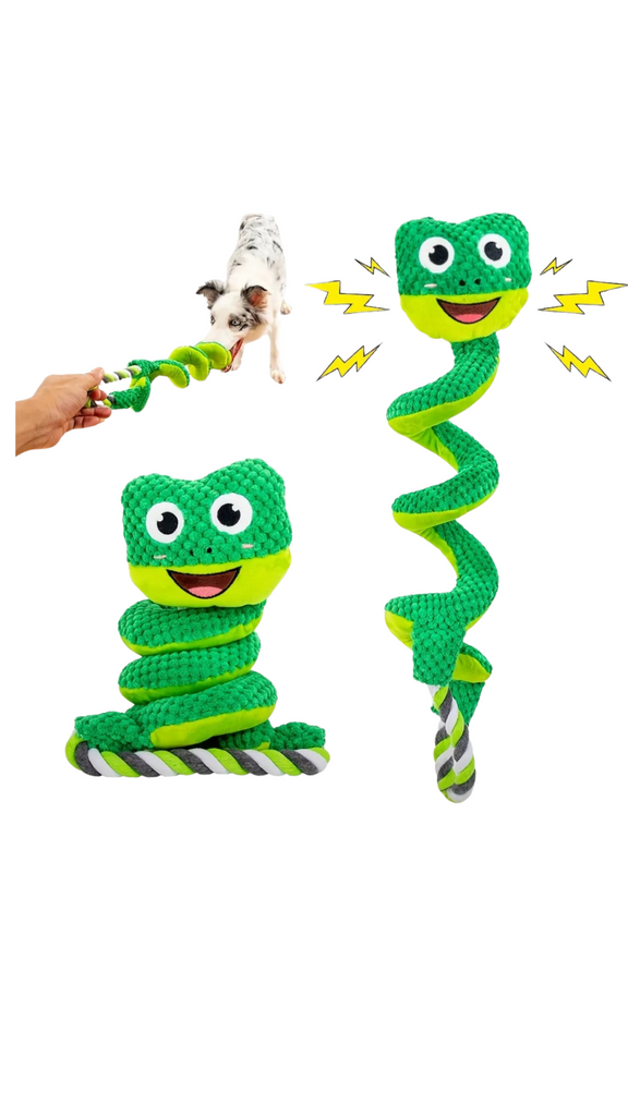 Elastisch hondenspeelgoed in de vorm van een kleurrijke slang met pieper, krinkelgeluid en handvat – 36 cm lang, perfect voor trekspelletjes.