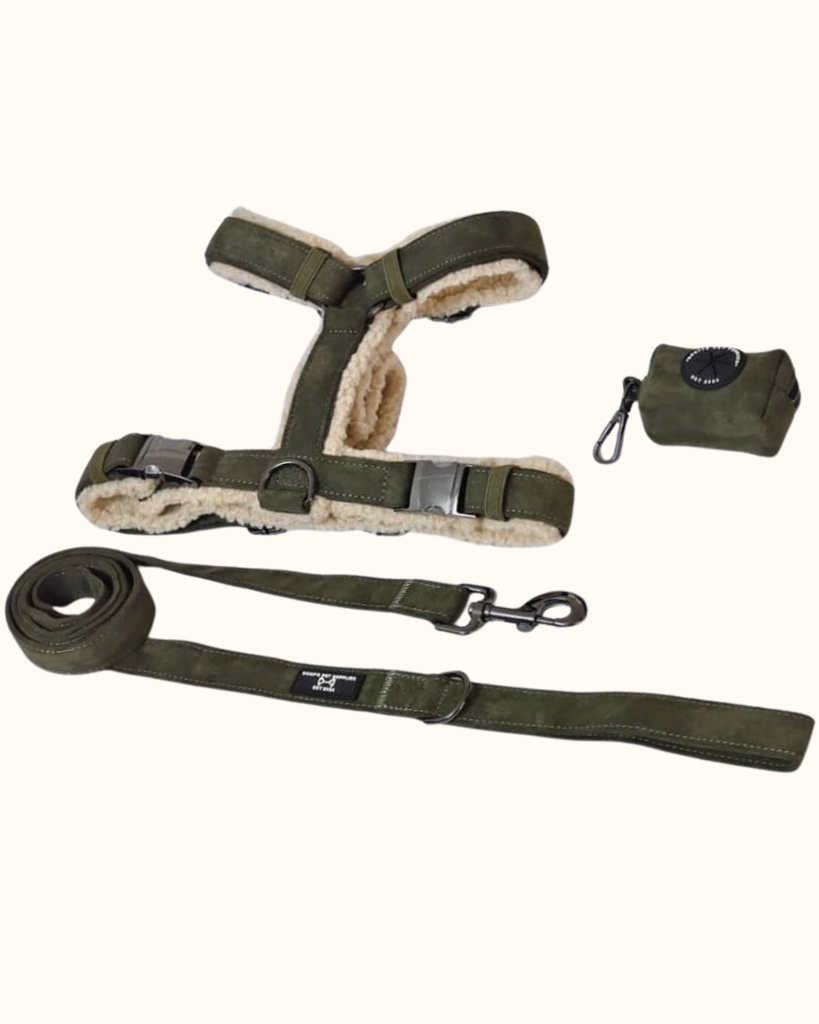 Pawradise Moss Velvet Hondenset bestaande uit tuigje, riem en poepzakhouder in luxe fluwelen stof met zilveren details – stijlvol en comfortabel.