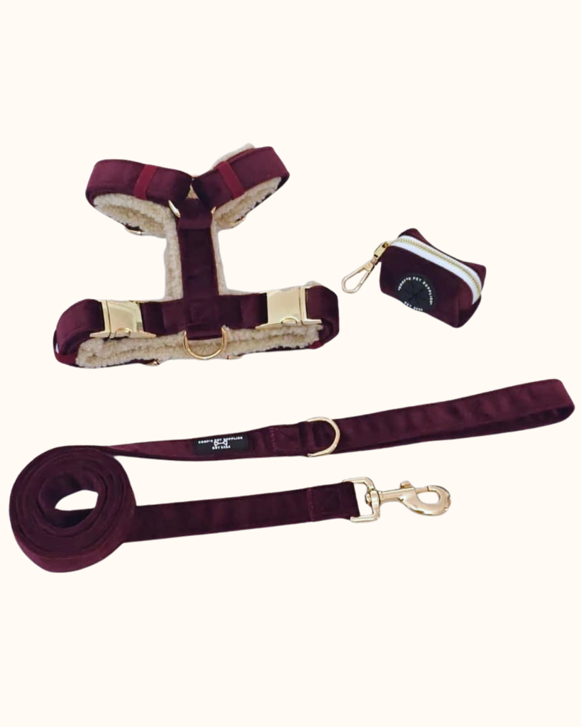 Pawradise Merlot Velvet Hondenset bestaande uit tuigje, riem en poepzakhouder in luxe fluwelen stof met gouden details – stijlvol en comfortabel.