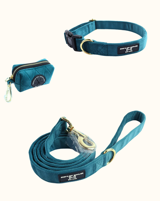 Velvet set - Emerald Blue Met Halsband, riem & poepzakhouder