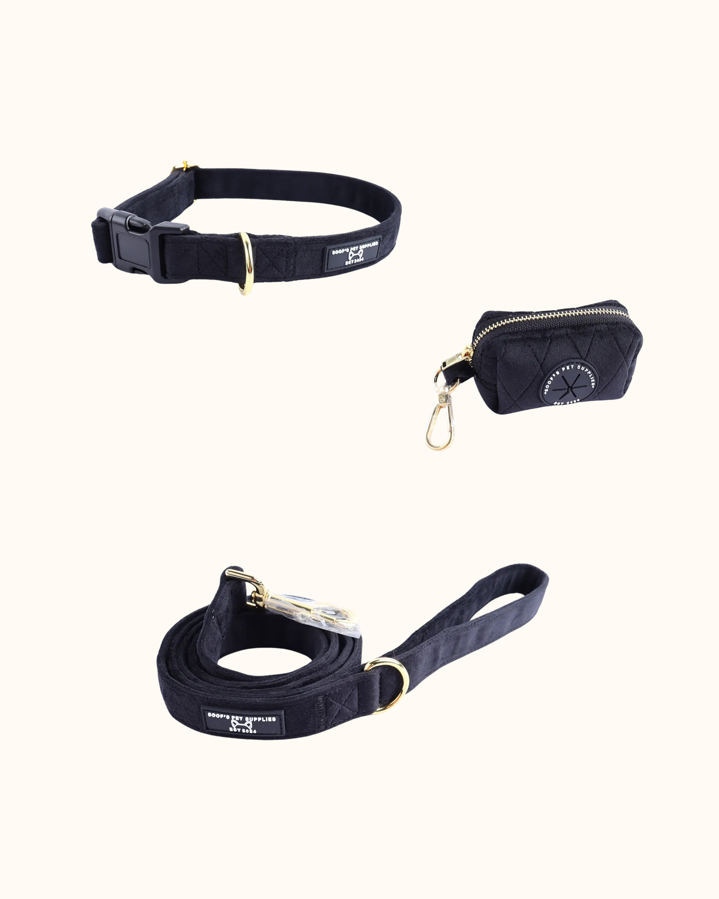 Velvet Set - Zwart met Halsband, Riem & Poepzakhouder