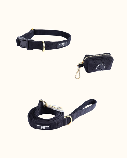 Velvet Set - Zwart met Halsband, Riem & Poepzakhouder