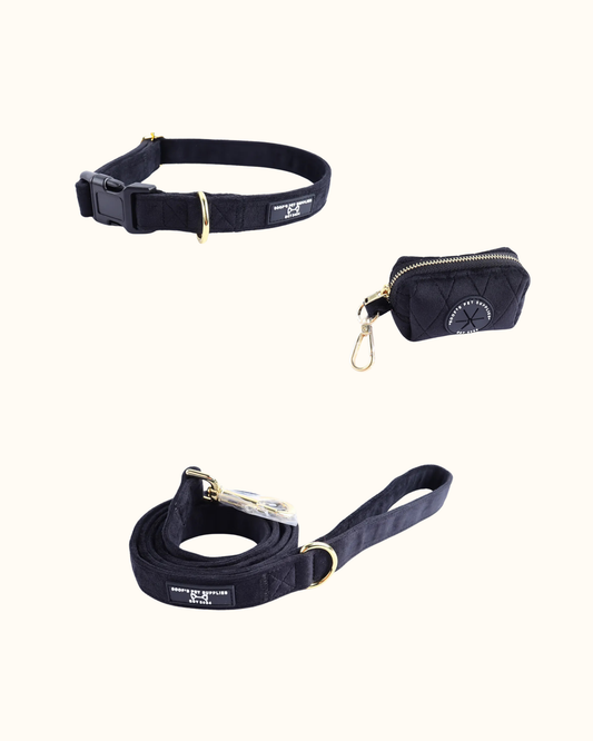 Velvet Set - Zwart met Halsband, Riem & Poepzakhouder