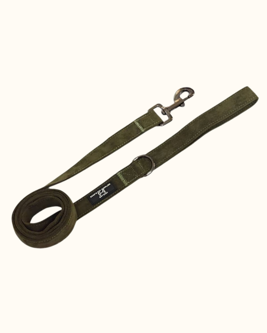 Pawradise Moss Velvet Hondenriem met luxe fluwelen afwerking en stevige metalen musketonhaak – perfect te combineren met het bijpassende tuigje.