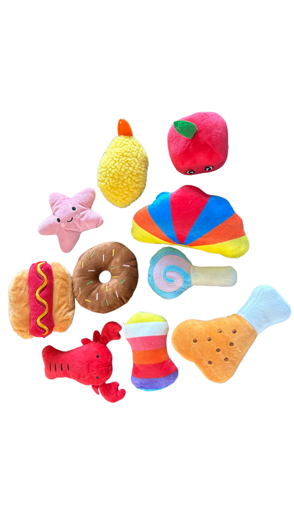 Speelgoedpakket voor puppy’s en kleine honden met 8 tot 10 kleurrijke speeltjes, inclusief piepers, krakende speeltjes en zachte knuffels.