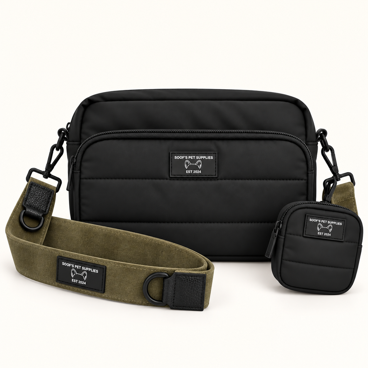 Detail van de crossbodytas van Soof’s Pet Supplies met een praktische opbergruimte voor een waterfles, ideaal om water mee te nemen tijdens wandelingen met je hond.
