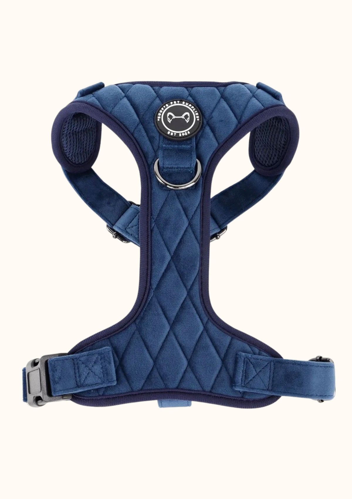 Cobalt dream velvet anti-trektuig voor honden van Soof's Pet Supplies met ergonomisch Y-model, verstelbare pasvorm en metalgun hardware.