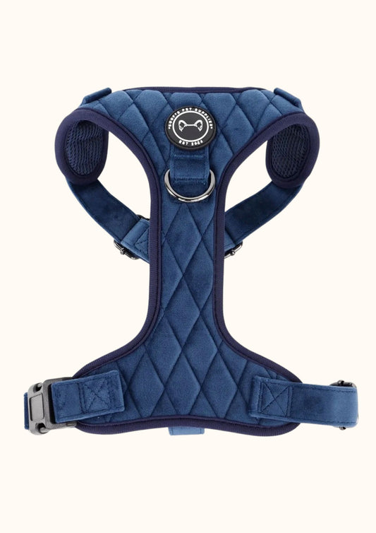Cobalt dream velvet anti-trektuig voor honden van Soof's Pet Supplies met ergonomisch Y-model, verstelbare pasvorm en metalgun hardware.