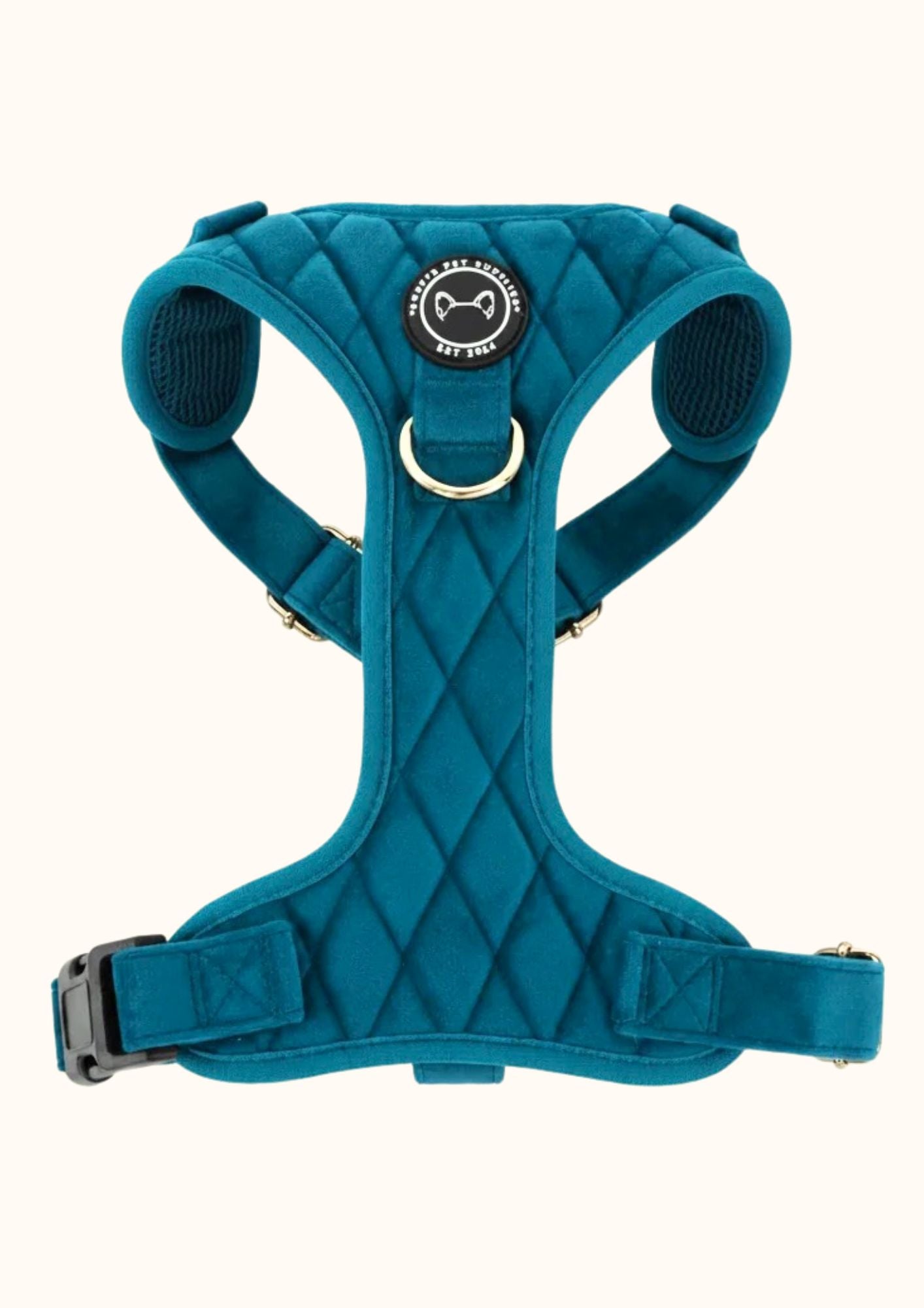Emerald Blue velvet anti-trektuig voor honden van Soof's Pet Supplies met ergonomisch Y-model, verstelbare pasvorm en gouden hardware.