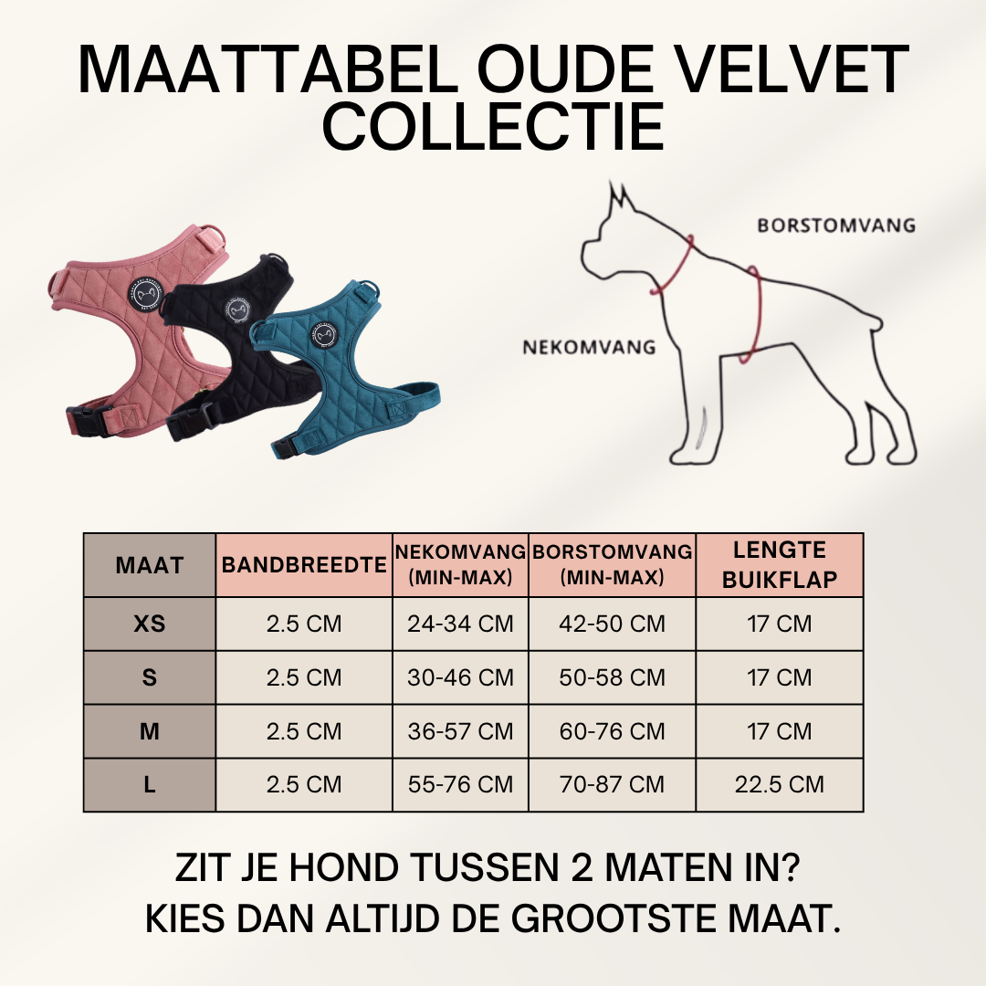 Maattabel van Soof's Pet Supplies hondentuigen