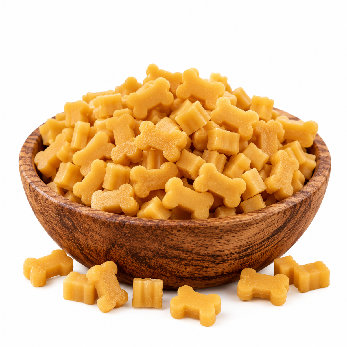 Houten kom gevuld met goudgele kaastrainers voor honden, met enkele hondensnacks op een houten plank tegen een witte achtergrond.