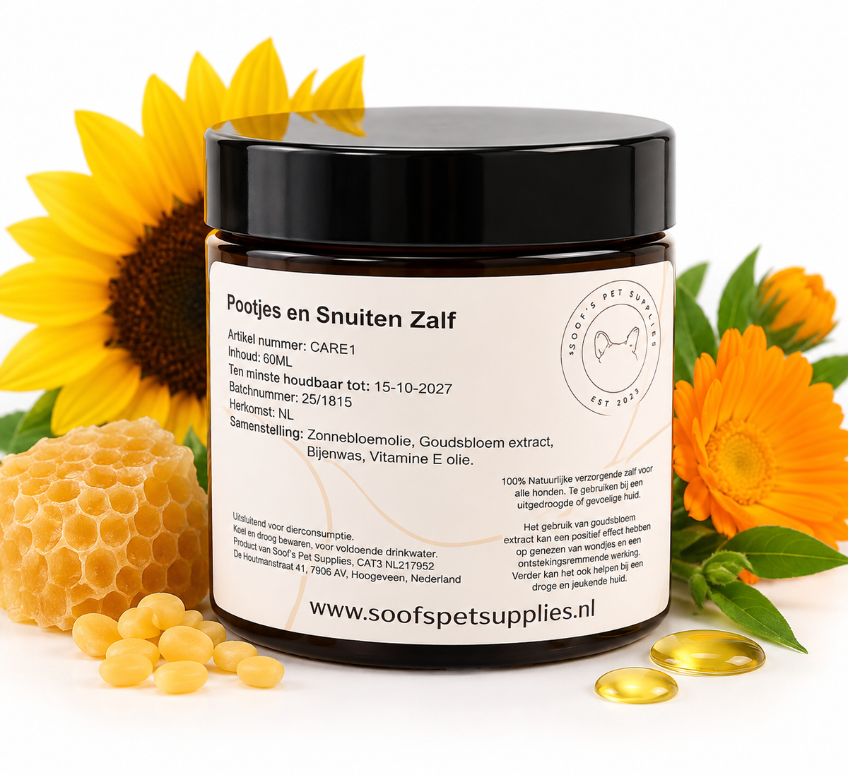 Pootjes en Snuiten Zalf van Soof’s Pet Supplies – 100% natuurlijke balsem met goudsbloemextract, bijenwas, zonnebloemolie en vitamine E voor hondenpootjes en neus.